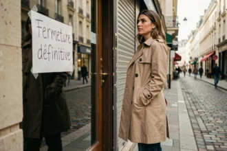 Femme devant une boutique Zara fermée en centre-ville avec pancarte de fermeture définitive