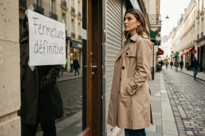 Femme devant une boutique Zara fermée en centre-ville avec pancarte de fermeture définitive