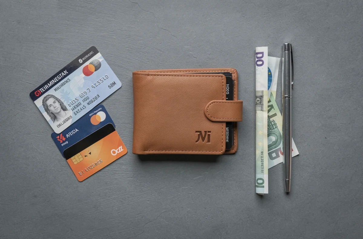 Flatlay d'un portefeuille homme en cuir cognac anti-RFID personnalisé avec cartes, billets et pièce d'identité sur fond ardoise gris