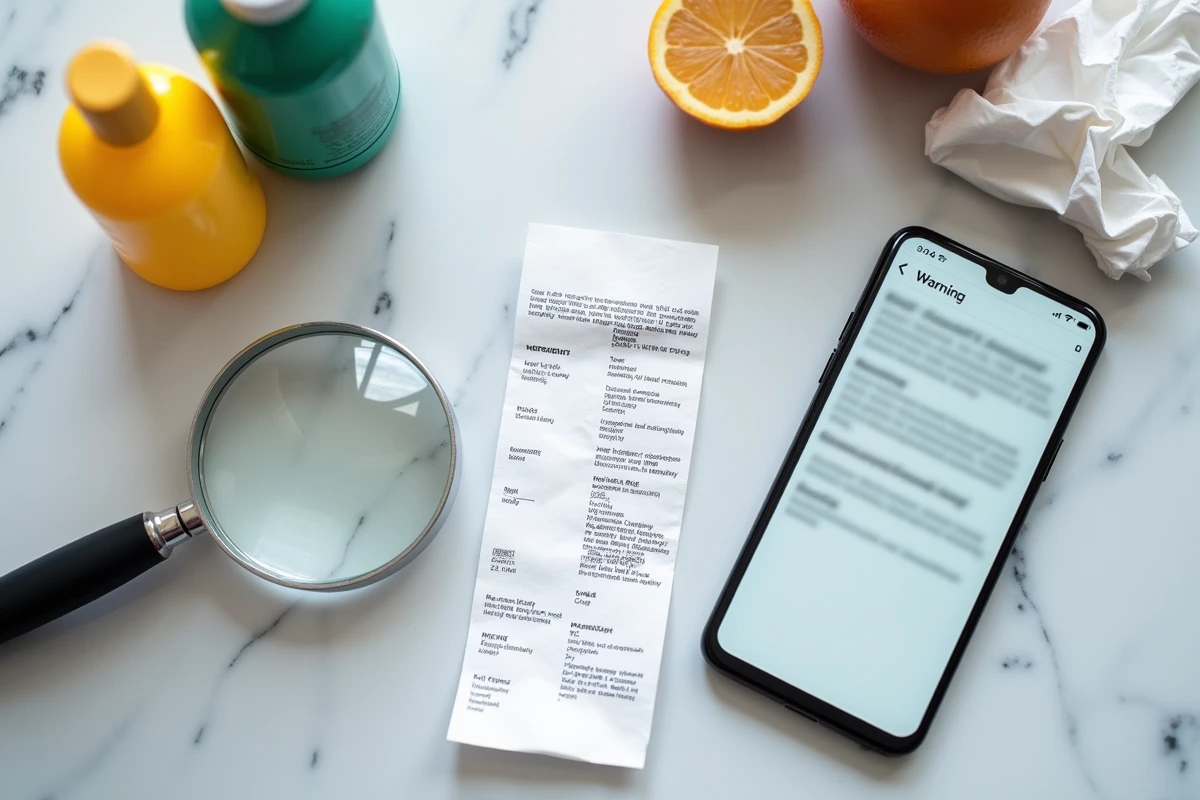 Vue du dessus de produits sans marque, reçu froissé et loupe sur comptoir en marbre dans un contexte d'enquête consommateur