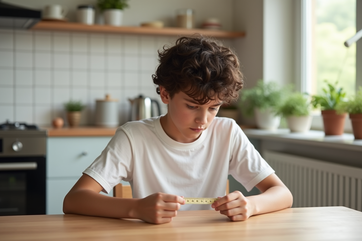 Adolescent mesurant sa tête avec un ruban dans la cuisine