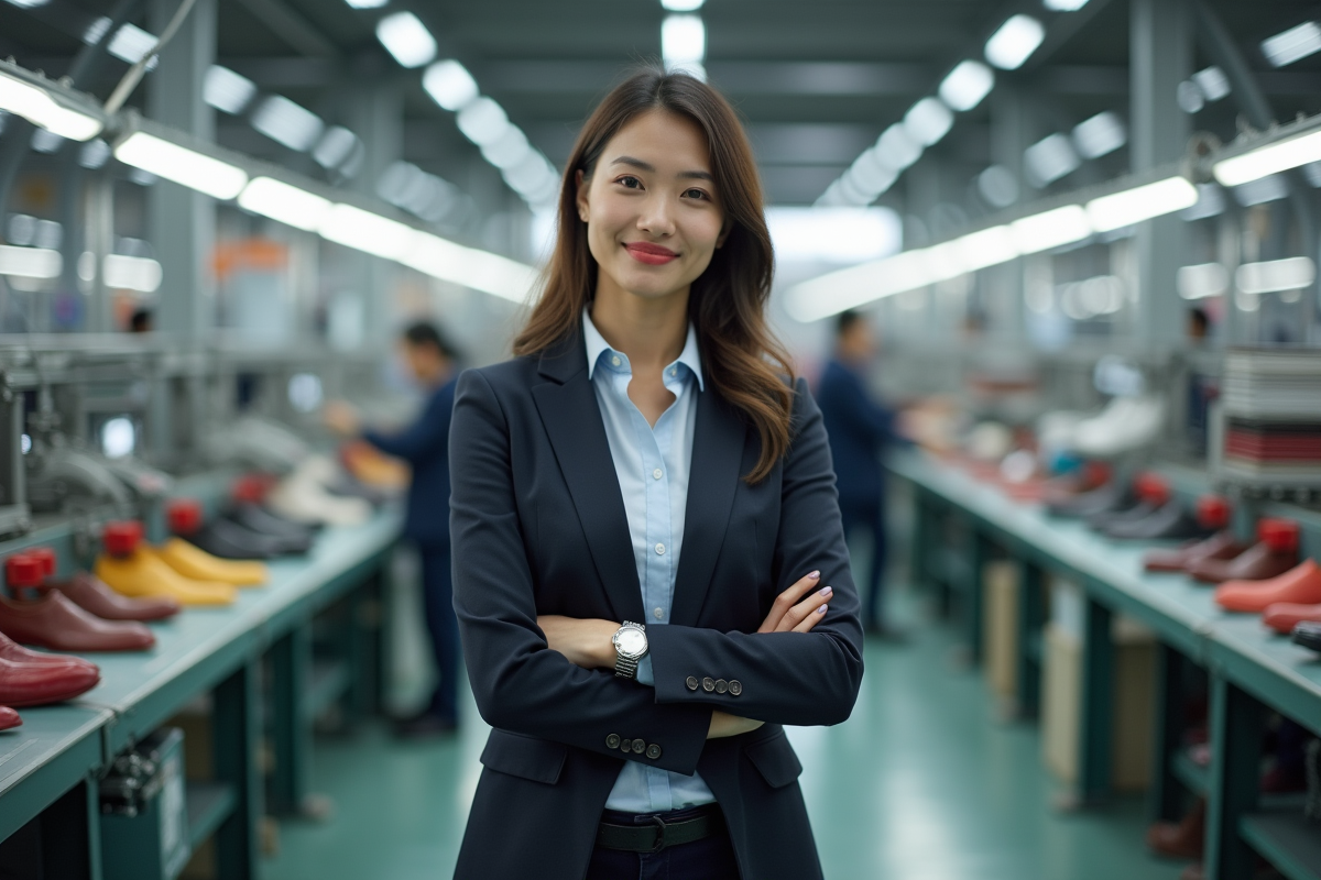 Jeune femme responsable devant une ligne de fabrication moderne
