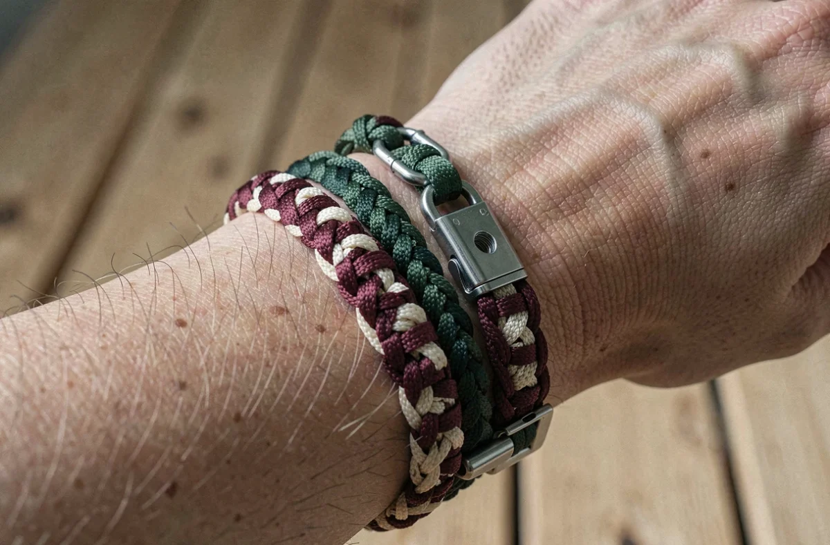 Gros plan de deux bracelets en paracord empilés avec fermoirs différents sur un poignet, vue latérale