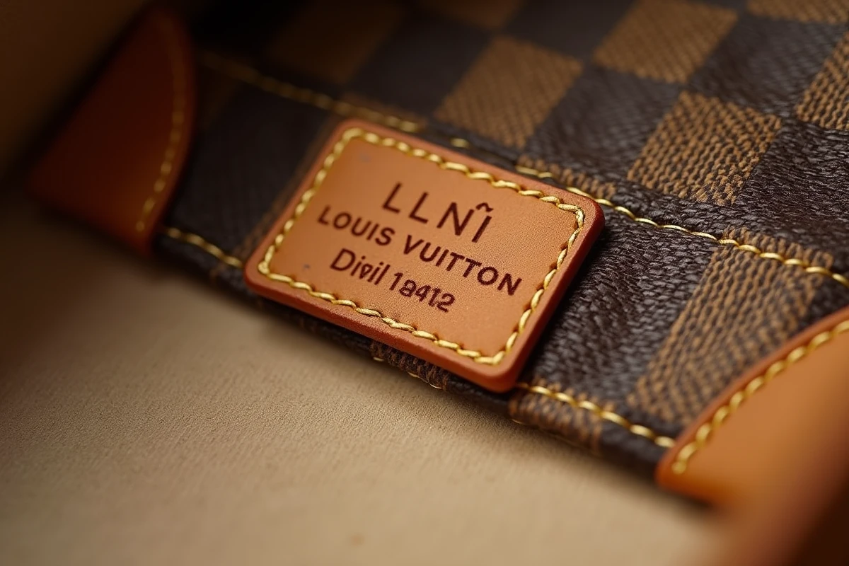 Gros plan sur le code date estampillé sur l'étiquette en cuir intérieure d'un sac Louis Vuitton Damier