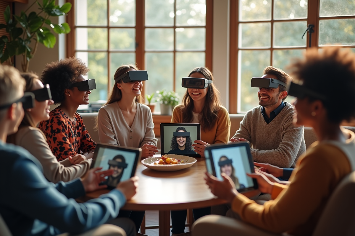Groupe diversifié portant des lunettes virtuelles sur tablettes dans un salon lumineux