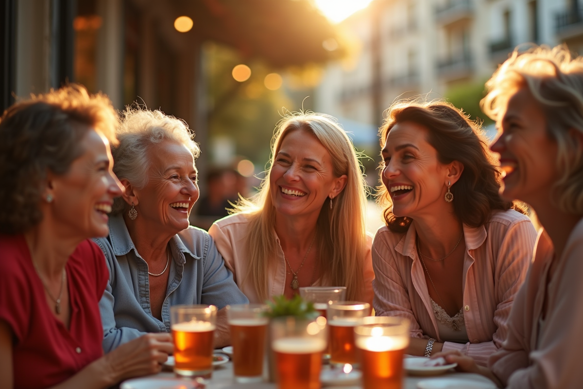 Femmes de plus de 40 ans riant au café avec du lipstick coloré