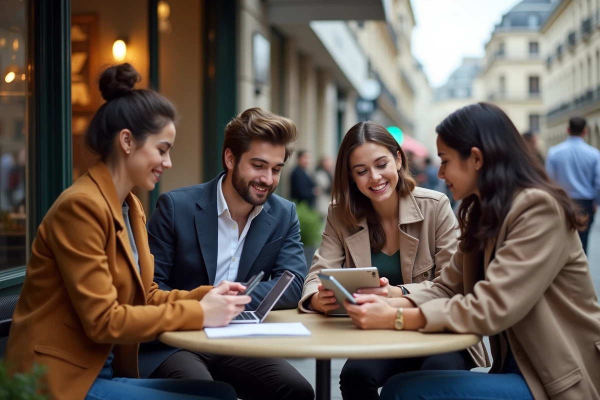 Groupe de jeunes discutant dans un café parisien