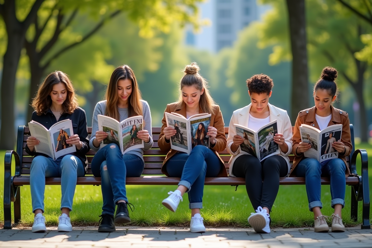 Groupe de personnes feuilletant des magazines de mode en plein air