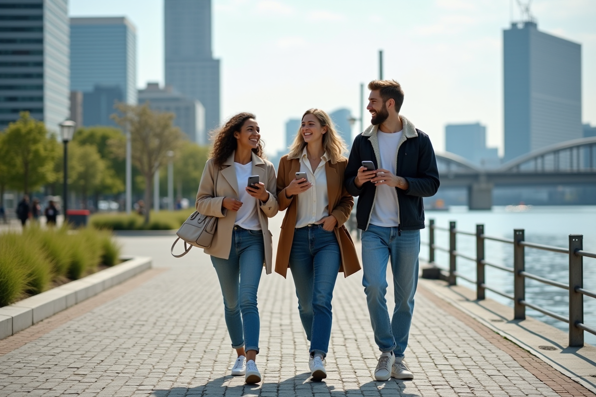 Groupe d amis riant en marchant au bord de la rivière