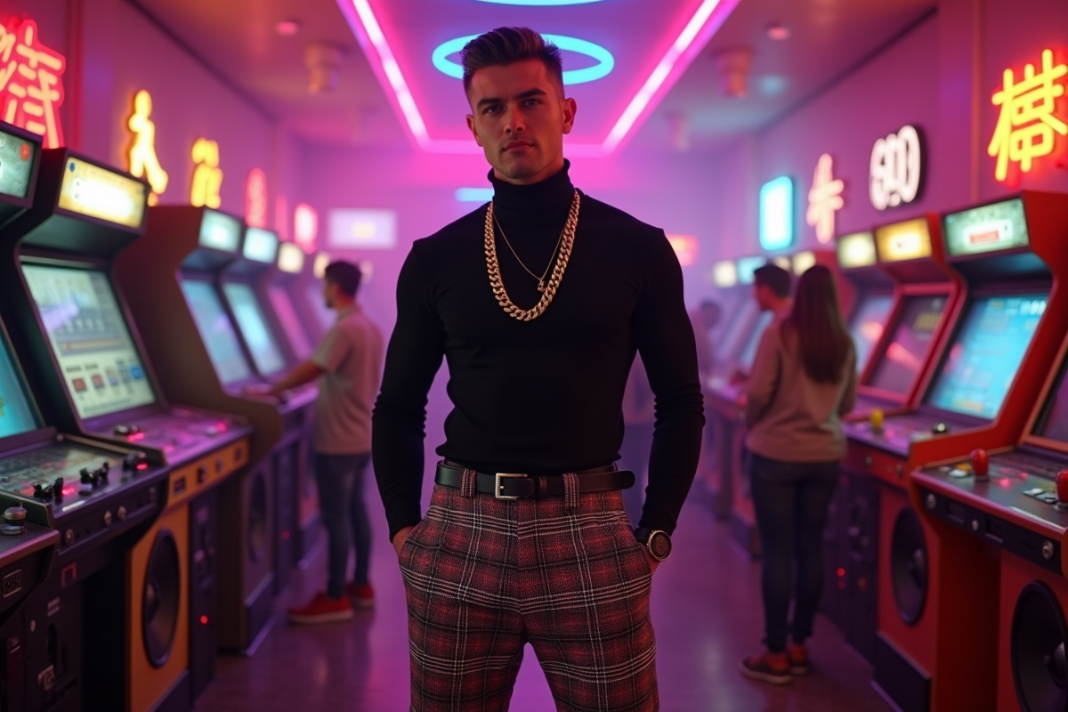 Homme confiant avec chaîne or près de machines arcade rétro