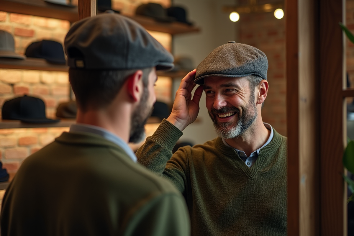 Homme essayant une casquette dans une boutique chaleureuse