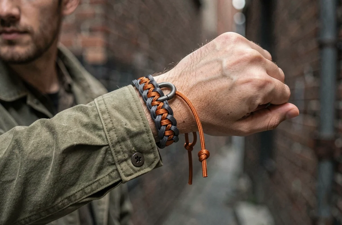 Homme portant un bracelet paracord personnalisé avec fermoir manille en métal, en extérieur urbain