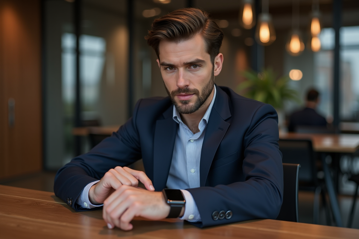 Homme en costume posant sa montre dans un bureau moderne