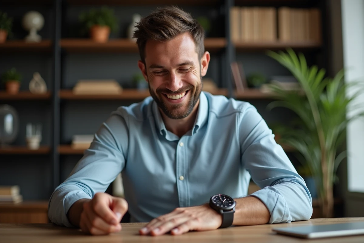 Homme assis vérifiant sa montre dans un bureau moderne