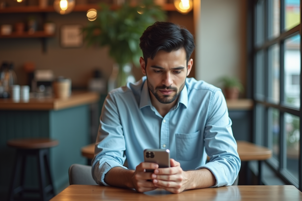 Homme au café examinant son reflet sur son smartphone