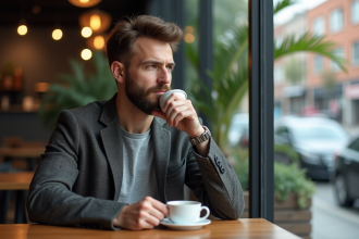 Homme barbu en blazer dans un café moderne