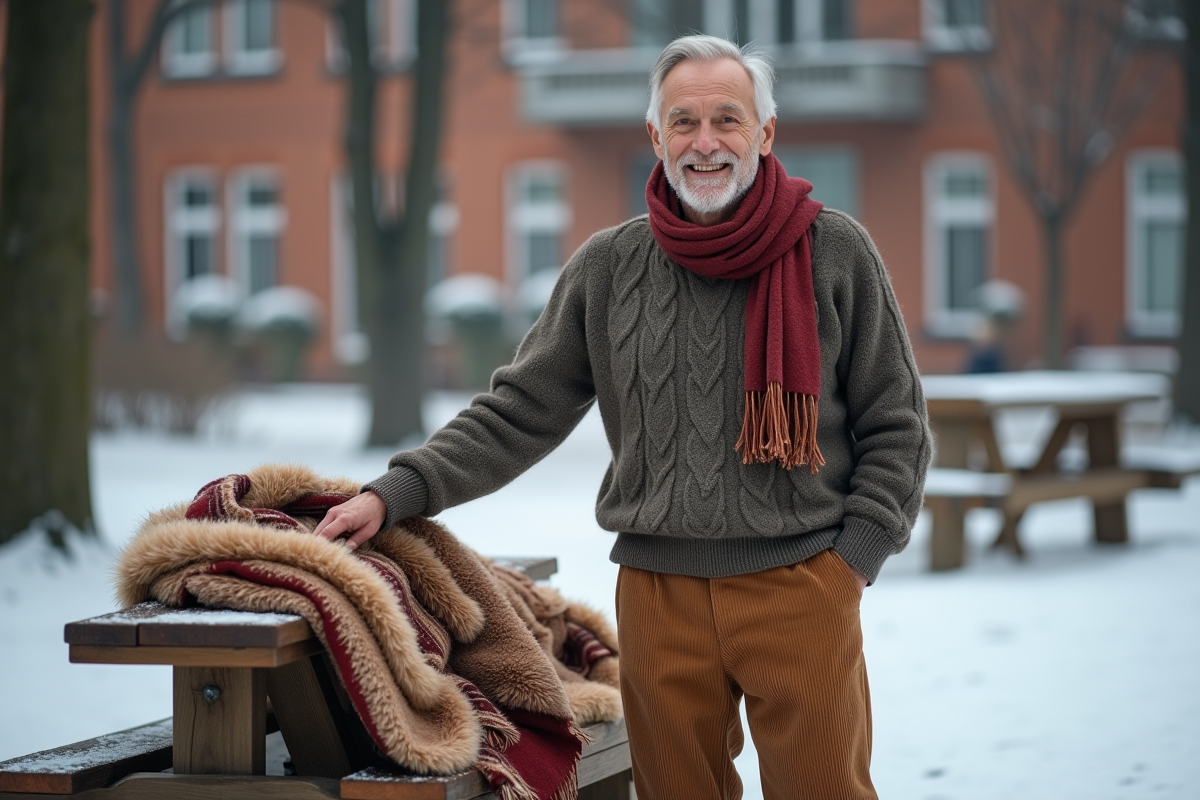Homme souriant avec un plaid en laine dans un parc enneige