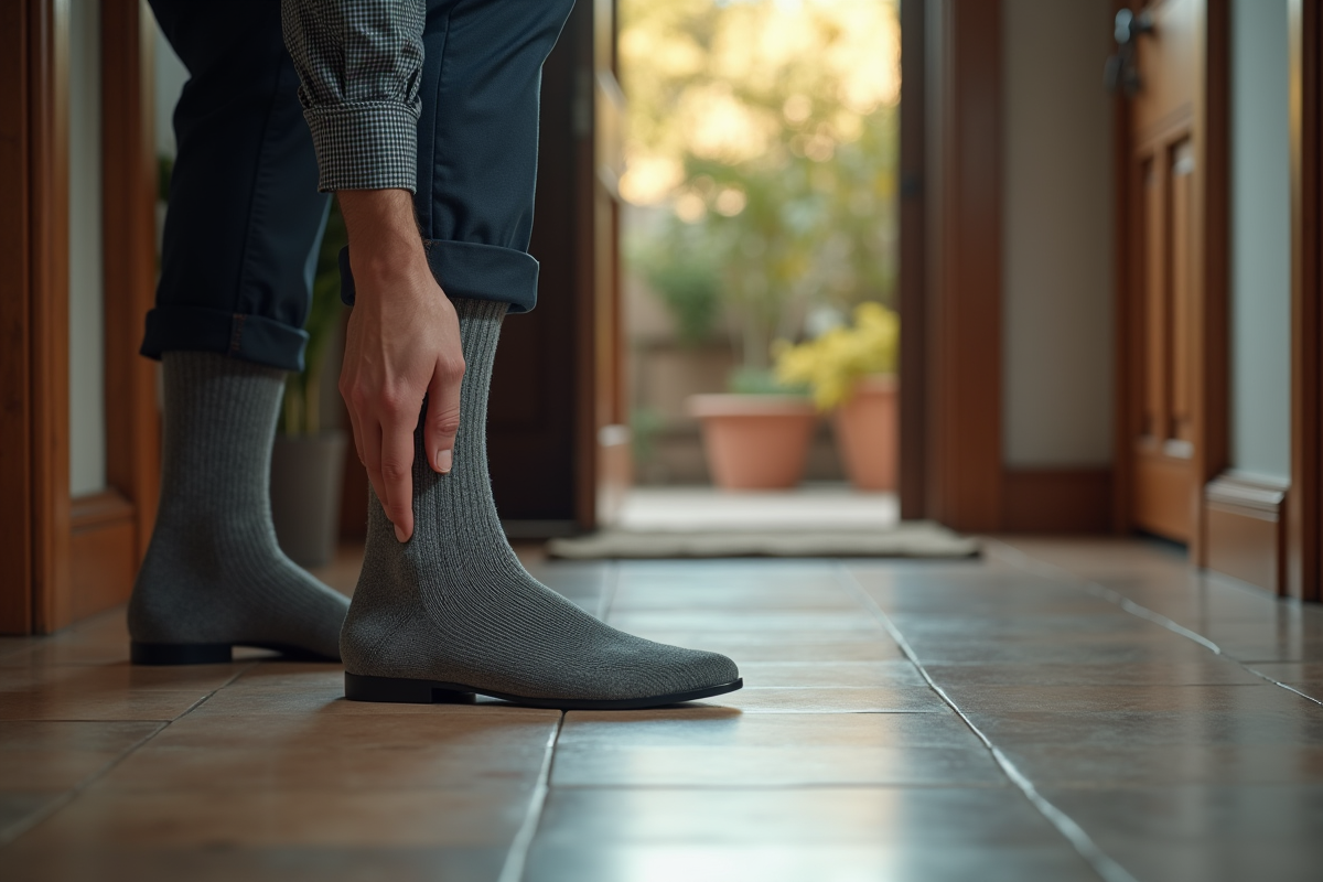 Homme en train de mettre ses chaussures avec des chaussettes