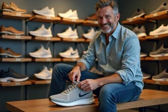 Homme portant des chaussures de sport larges dans un magasin