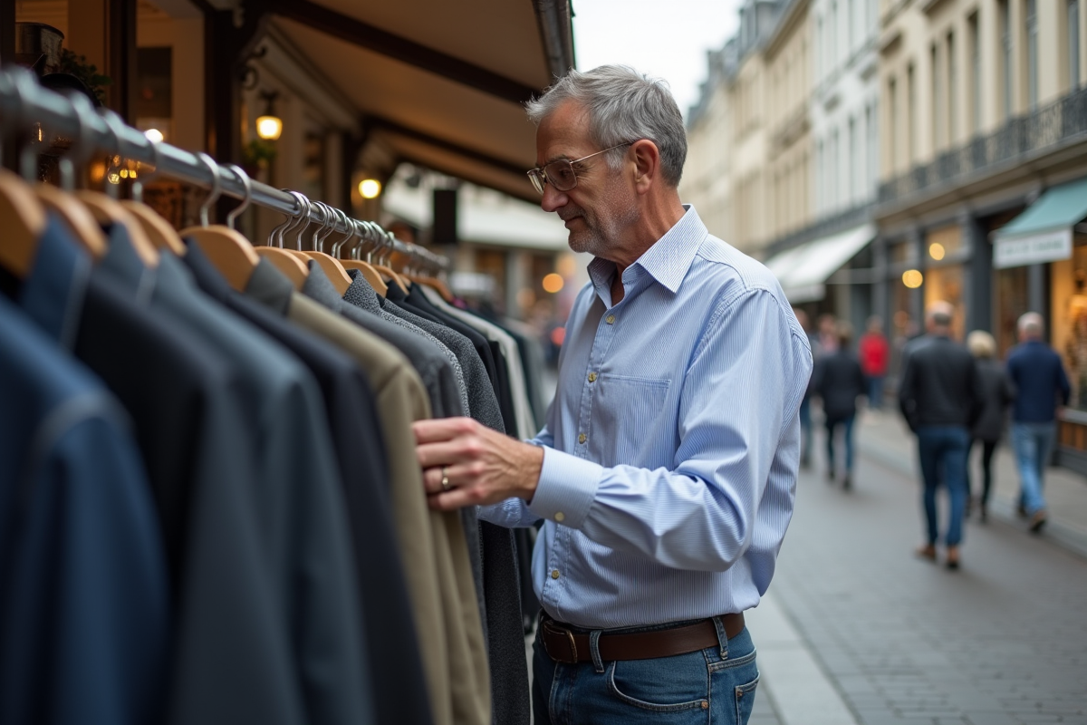 Homme examine un manteau dans un marché urbain belge