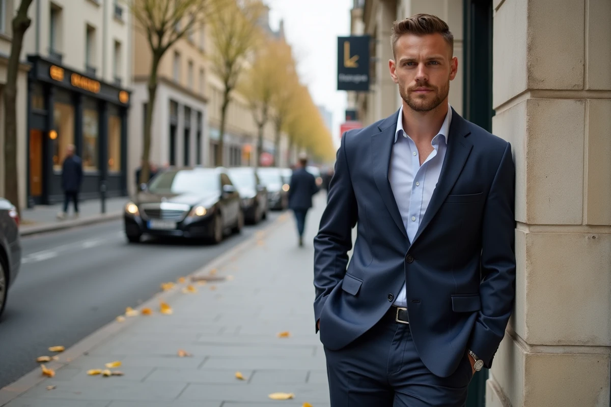 Jeune homme élégant en blazer marine appuyé contre un pilier en pierre avenue Montaigne, décor parisien automnal avec feuilles dorées et signalétique Art Déco
