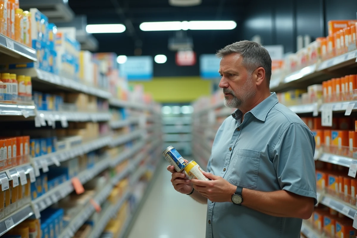 Homme comparant deux produits génériques sans marque dans un rayon de supermarché avec une expression dubitative