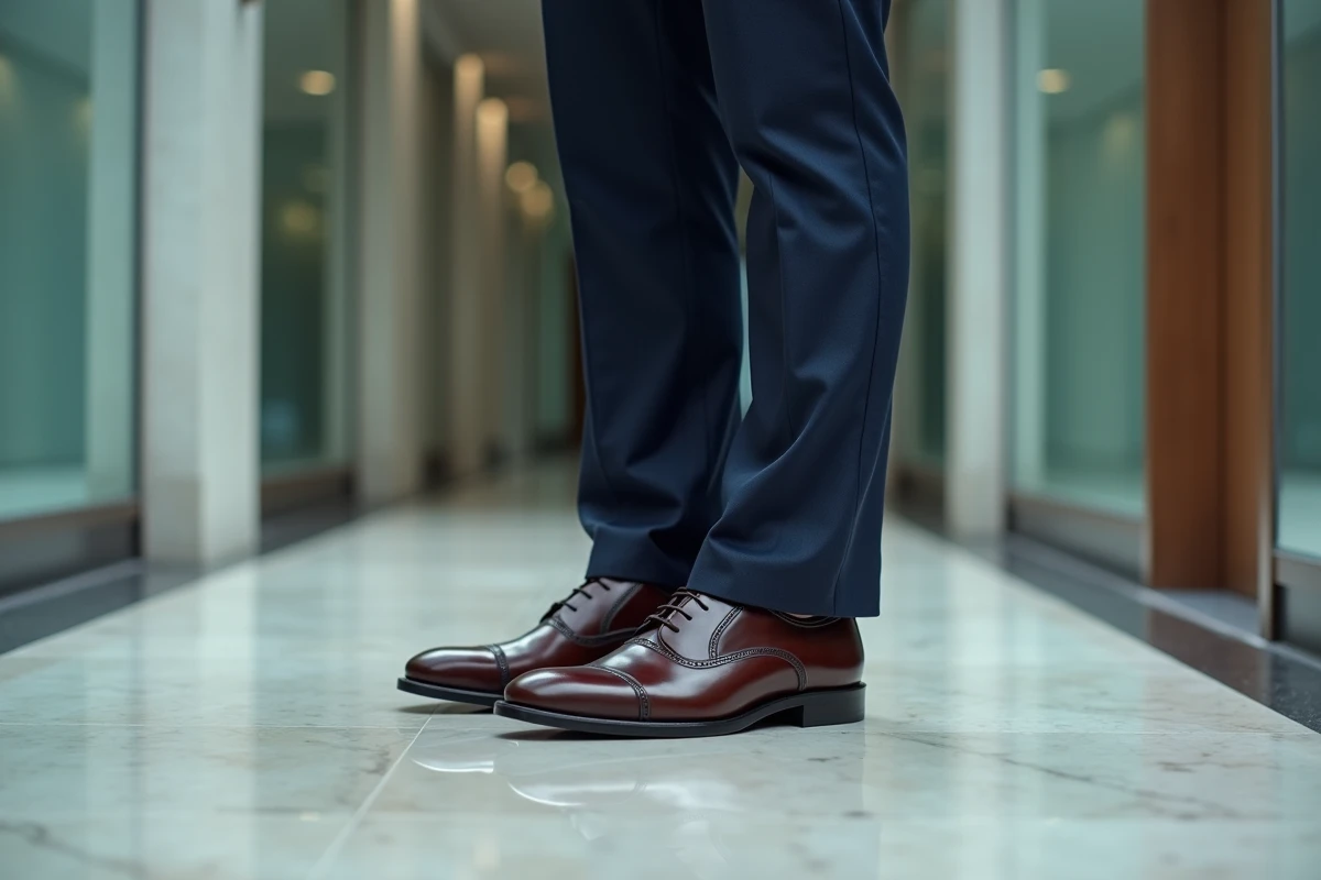 Homme en costume essayant des chaussures de ville avec semelles pour un meilleur maintien du pied