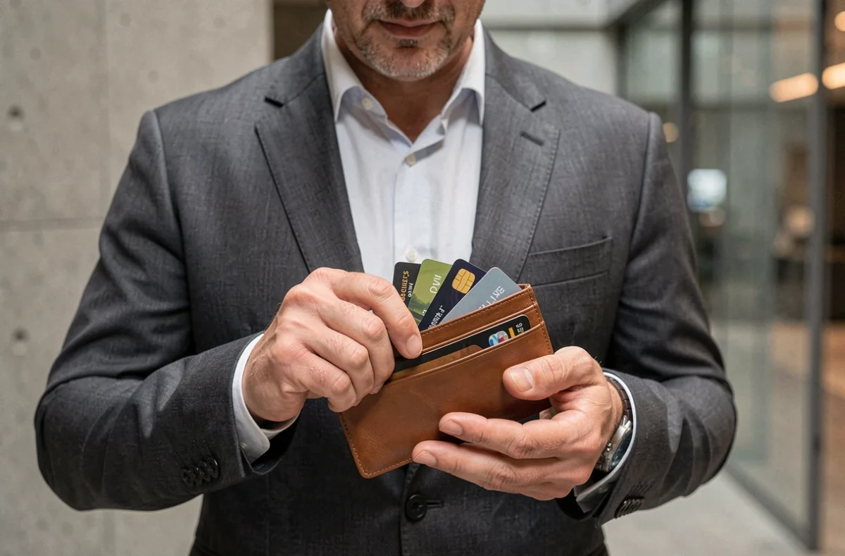 Homme en costume gris tenant un portefeuille en cuir marron personnalisable avec plusieurs cartes de crédit visibles dans un hall moderne