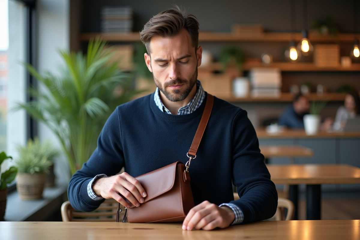 Homme professionnel avec sac dans café coworking