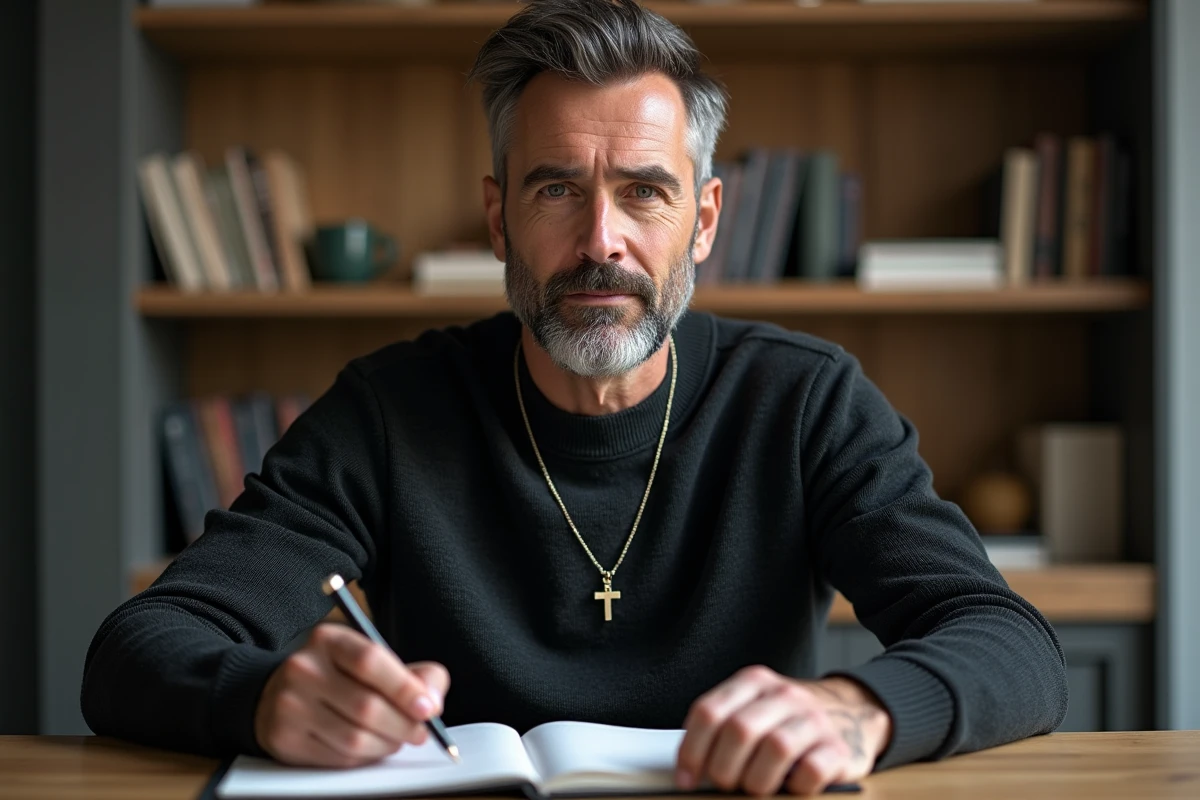 Homme détendu au bureau avec collier en croix en main