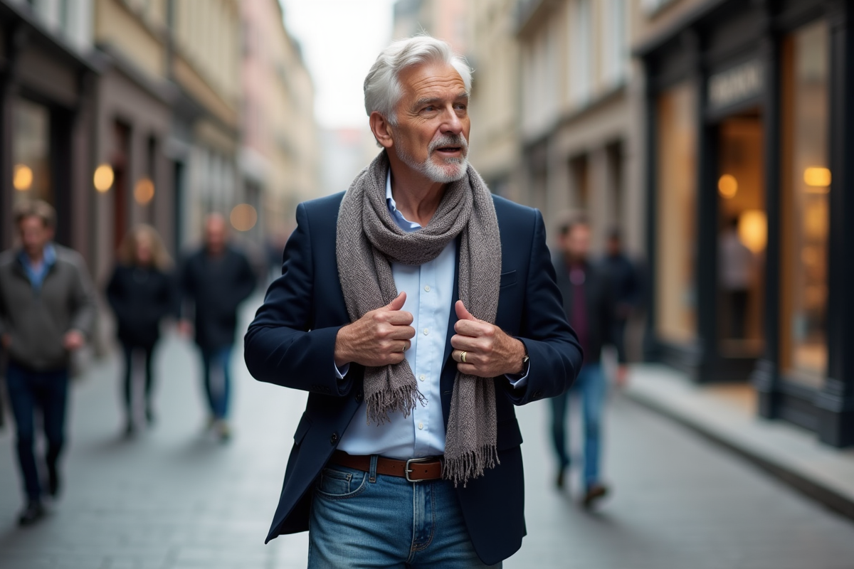 Homme en ville avec foulard décontracté et style urbain