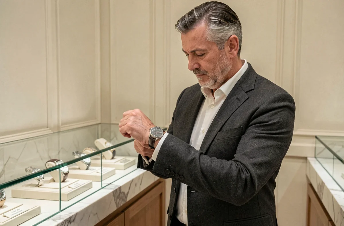 Homme élégant examinant une montre de haute horlogerie dans une boutique de luxe à Genève