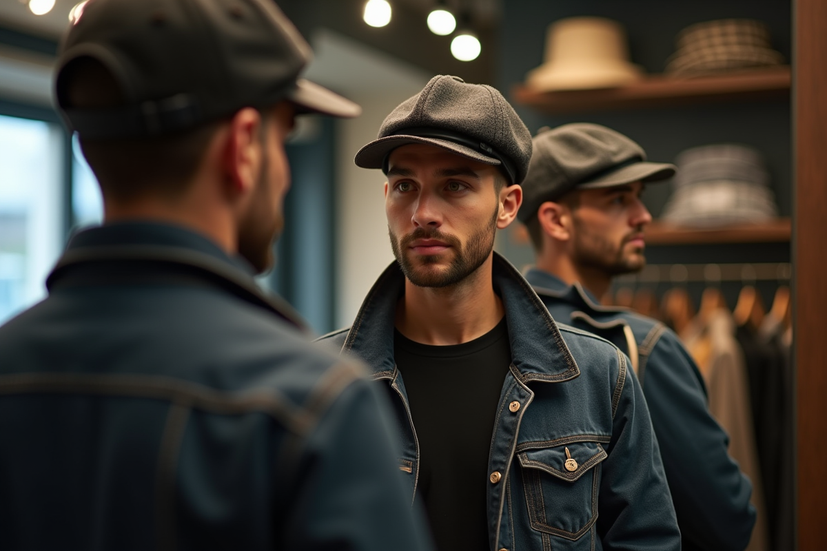 Homme essayant différentes casquettes dans une boutique moderne