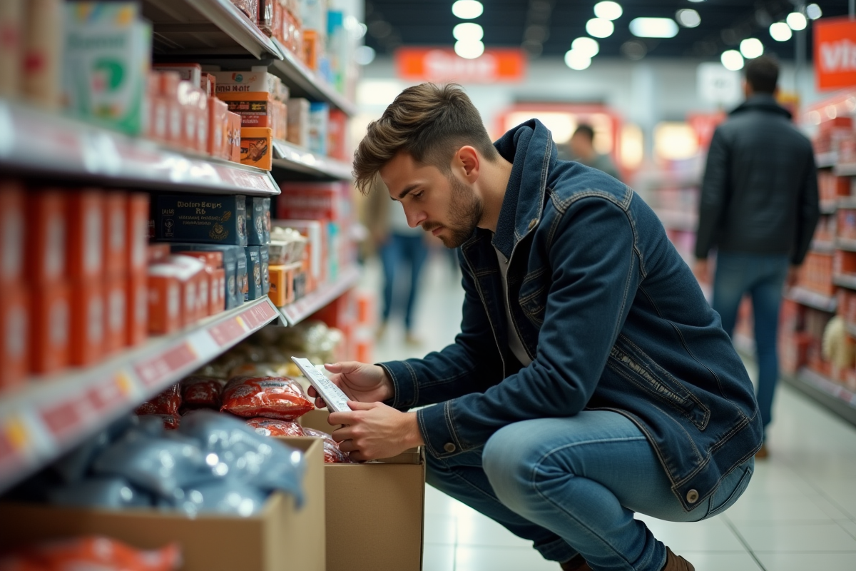 Jeune homme examine un étiquette en magasin