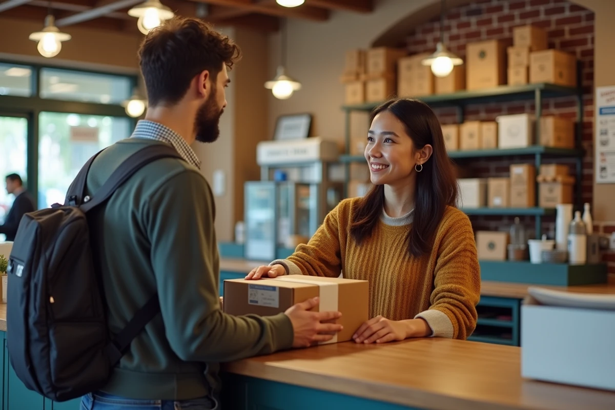Homme remet un colis à une employée dans un bureau postal