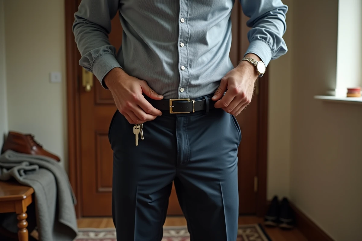 Homme ajustant sa ceinture dans une entr&eacute;e chaleureuse