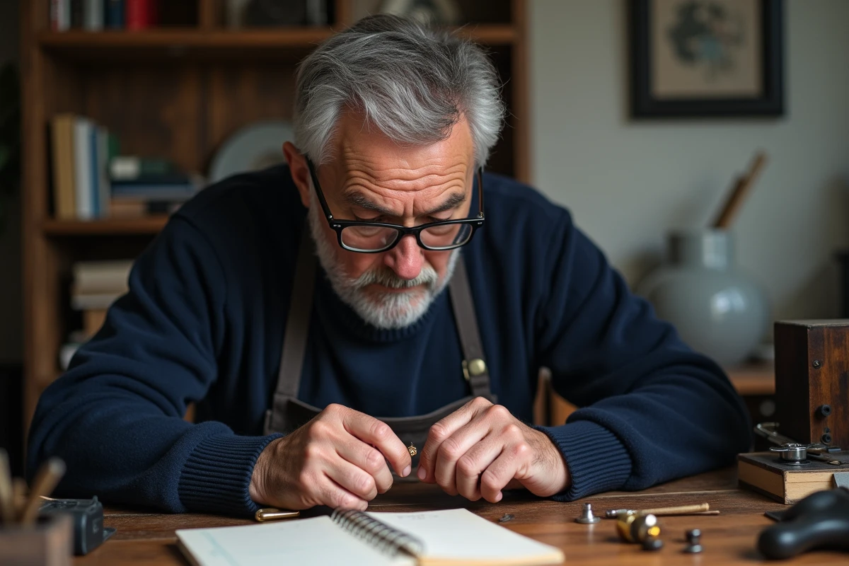Homme inspecte une bague en or avec une loupe à son atelier