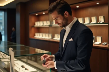Homme &eacute;l&eacute;gant inspectant une montre dans une boutique haut de gamme