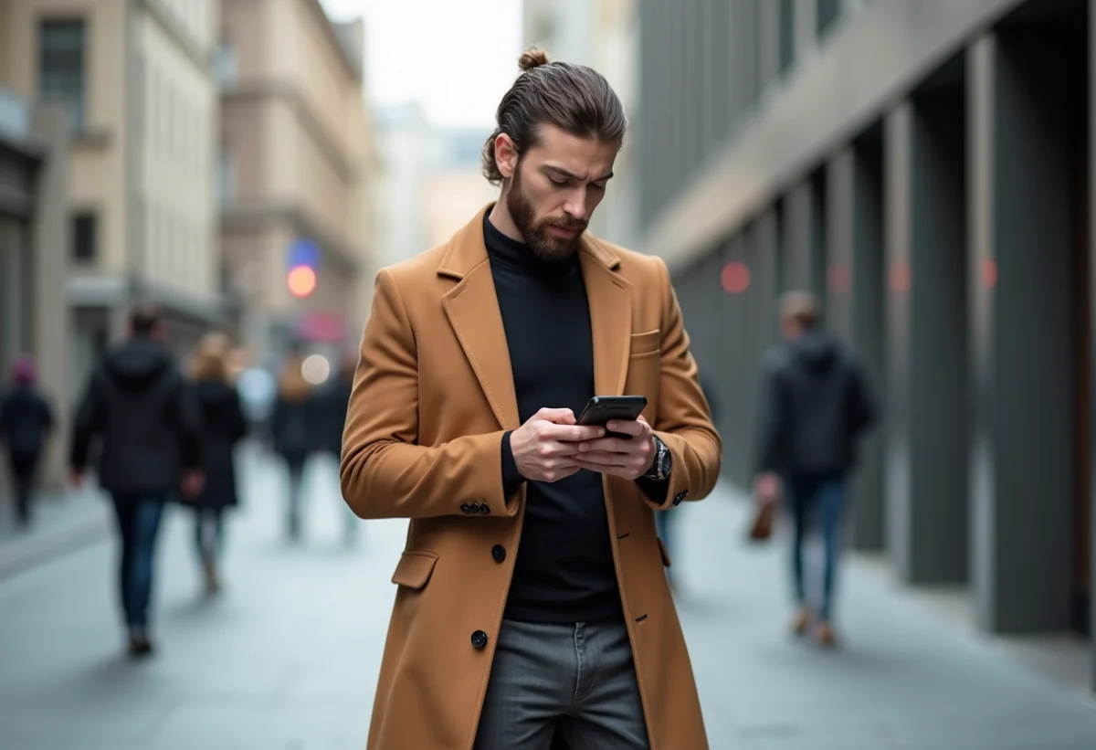 Homme en manteau camel et coiffure mullet dans la ville
