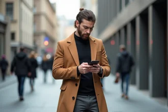 Homme en manteau camel et coiffure mullet dans la ville