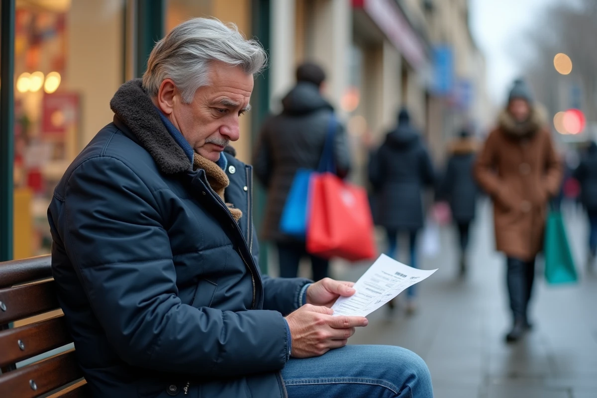 Homme consulte ses reçus devant un centre commercial
