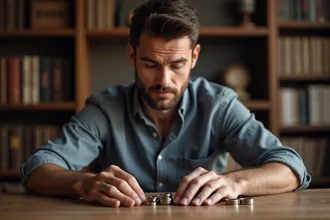 Homme examinant des bagues gravées dans un bureau chaleureux