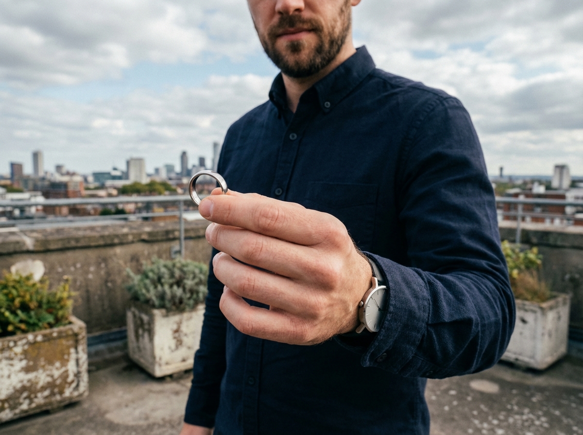 Homme regardant une bague en acier sur un toit urbain