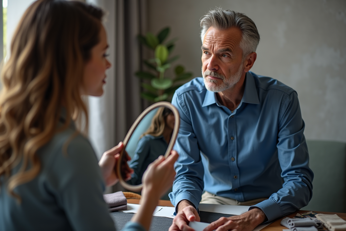 Homme en consultation avec un styliste et drapes colorés
