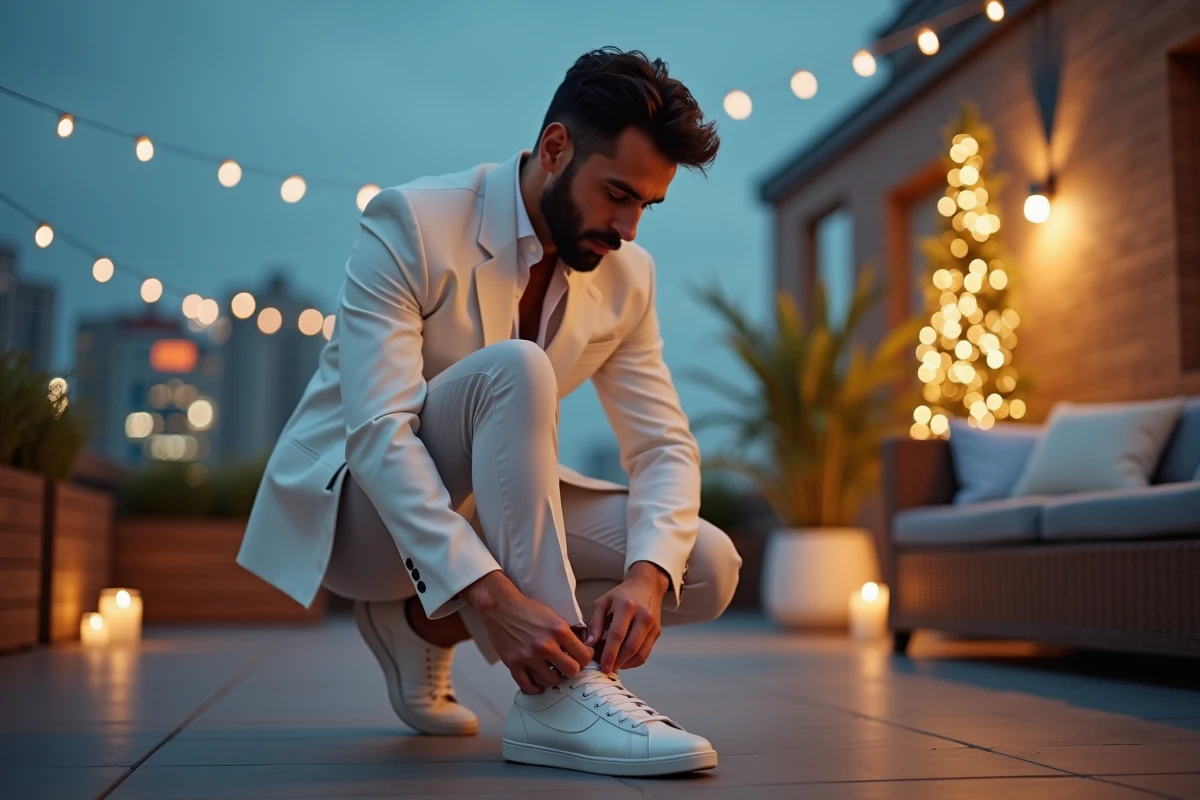 Jeune homme en costume blanc et sneakers sur un rooftop urbain