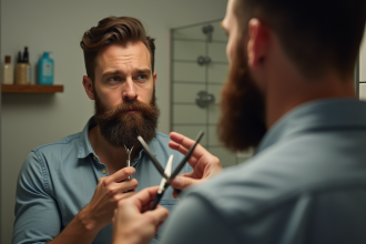Homme barbu se rasant devant le miroir dans la salle de bain