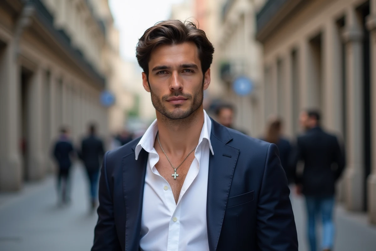 Homme élégant en ville portant une chemise blanche et collier en croix