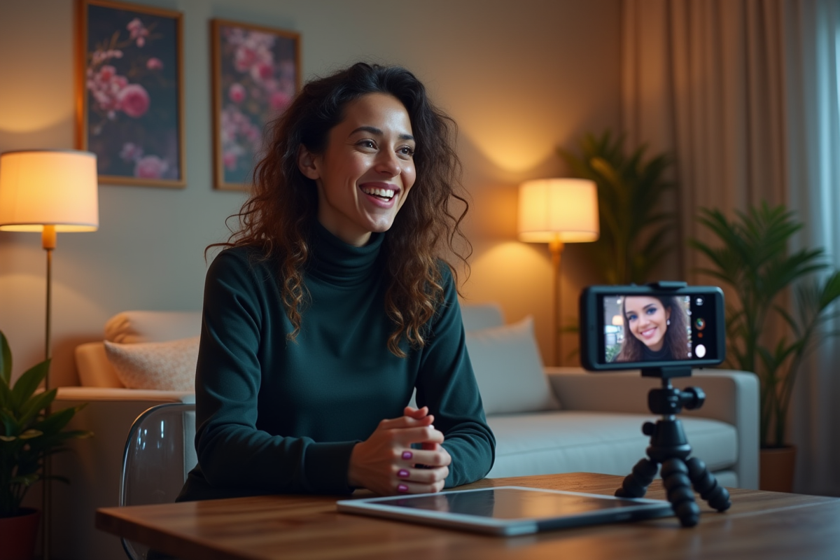 Influenceuse souriante filmant un produit avec un smartphone en studio