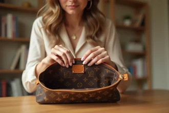 Femme inspectant le code date à l'intérieur d'un sac Louis Vuitton pour vérifier son authenticité