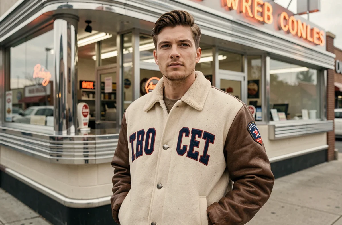 Homme portant une jacket souvenir américaine style années 50 devant un diner vintage avec lettrage chenille